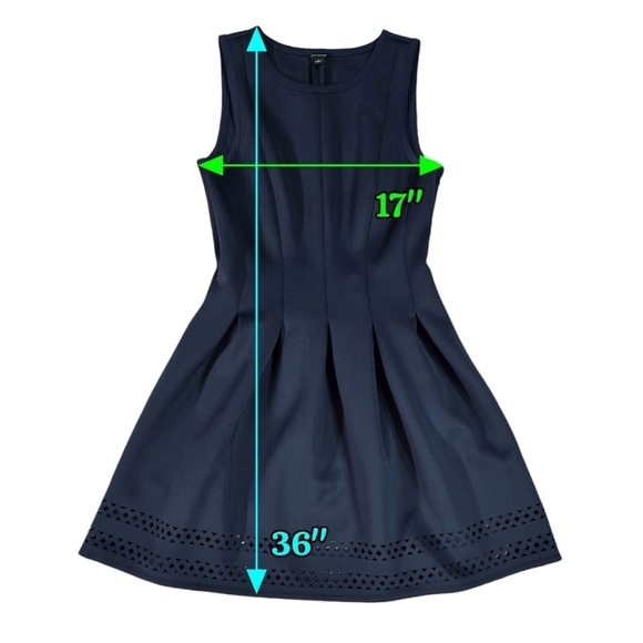 Ann Taylor Navy Blue Pleated Laser Cut Eyelet Scuba Fit & Flare Dress Stretchy - Picture 2 of 10